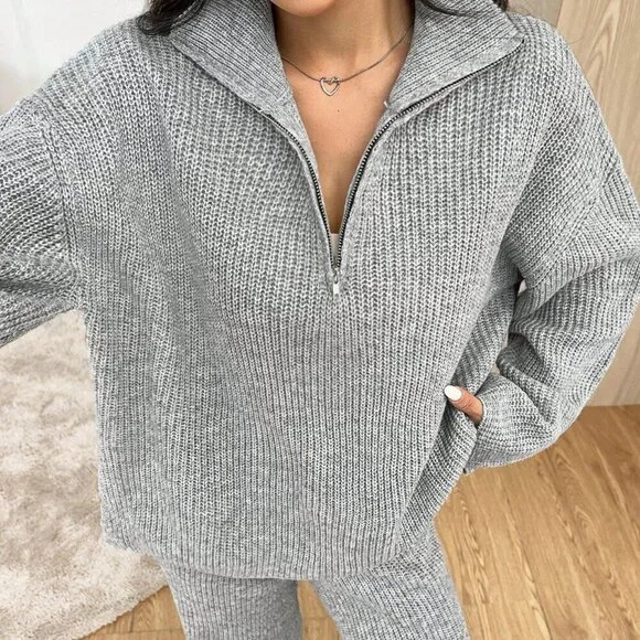 Grey Casual Zipper Half Placket Dropped Shoulder Long Sleeve Sweater & Pant set
